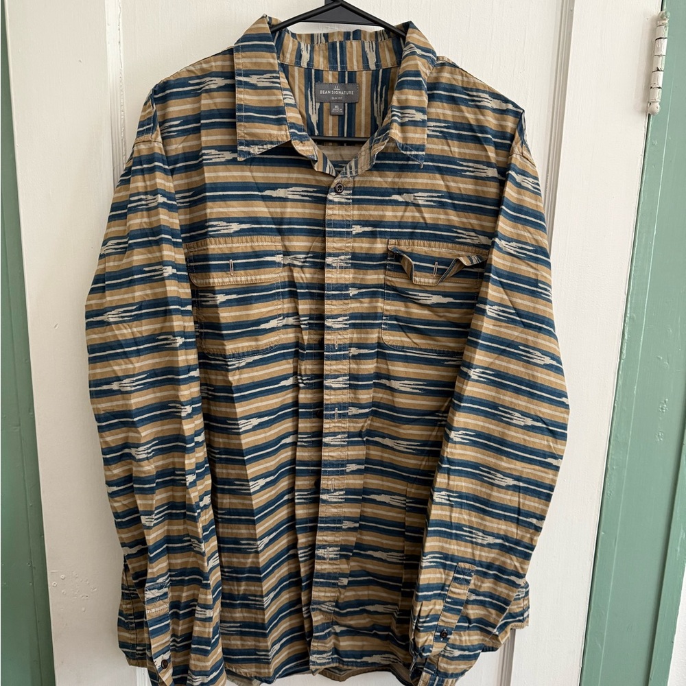 L.L. Bean Signature Men's Striped Shirt Jacket - Blue and Tan